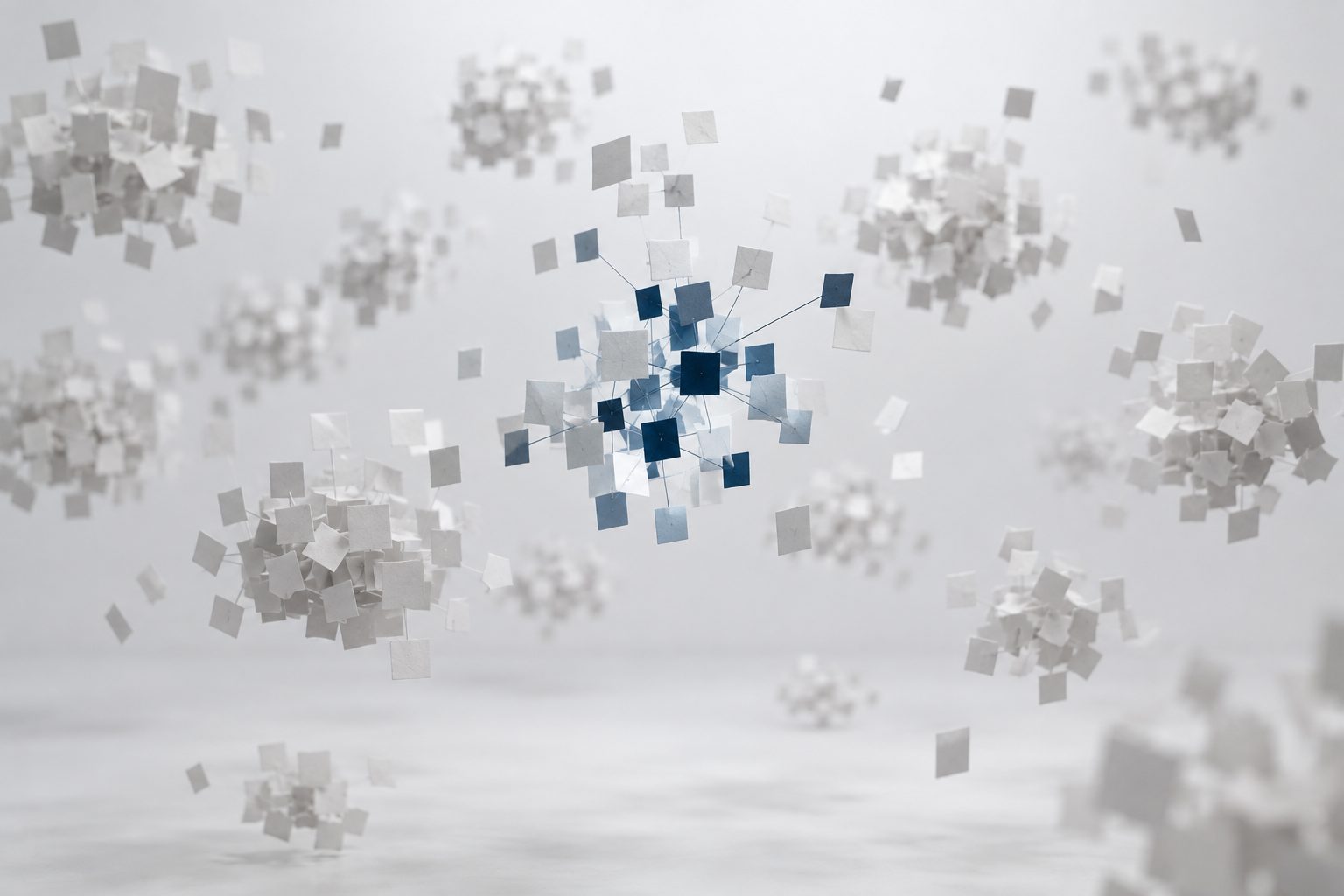 Small white paper squares suspended in clusters, one central cluster edged in navy and joined by fine lines